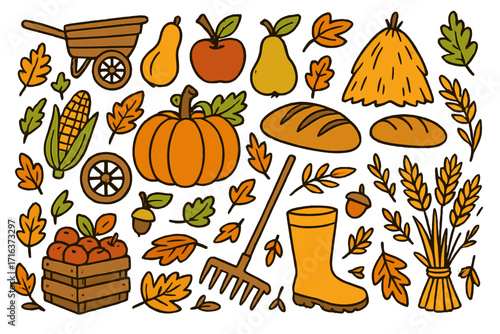 Autumn harvest festival vector doodle set. Hand drawn farm elements collection with pumpkin, apple, corn, wheat and leaves. Seasonal agriculture cartoon icons for Thanksgiving.