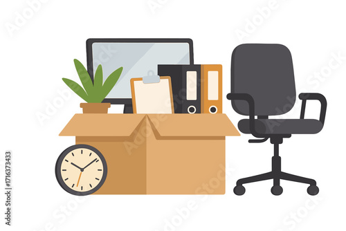 Office moving concept. Cardboard box with work accessories: monitor, folders, plant. Office chair and clock. Business relocation, packing belongings for a new job or career change.