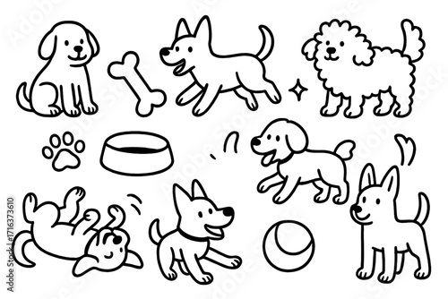 Playful dog doodle collection. Hand-drawn outline set of cute pets, puppies, toys, accessories. Vector cartoon illustration of funny dogs playing with a ball and bone.