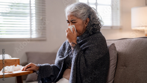 Older Asian woman blowing nose on sofa at home feeling unwell sick senior lady resting indoors living room seasonal cold flu illness