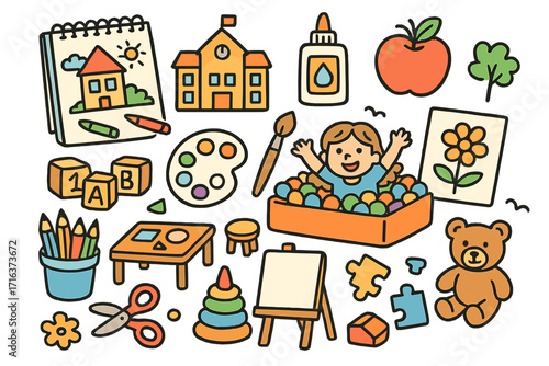 Preschool essentials doodle set. Back to school cartoon vector illustration of classroom supplies and activities. Kindergarten education, learning, and play icons collection.