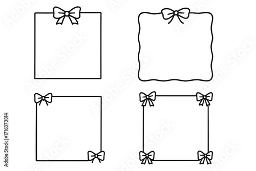 Set of cute bow border frames. Hand drawn doodle vector illustration. Coquette core aesthetic for girly decoration, wedding invitations, cards, social media posts or labels.