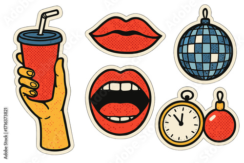 Set of retro halftone stickers for party celebration. Hand holding drink, red lips, open mouth, disco ball, midnight clock, bauble. Pop art comic style Christmas and New Year design elements.