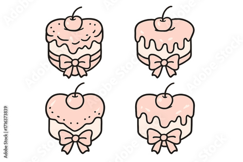 Set of heart shaped cakes with cherry and pink bow. Coquette dollette aesthetic hand drawn doodle vector illustration. Cute girly pastry, sweet dessert, bakery logo icon.