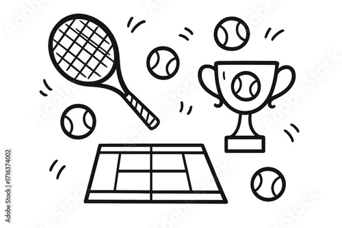 Tennis sport doodle icon set. Hand drawn vector line art illustration. Racket, ball, court and trophy cup for championship or tournament. Outline sketch graphic elements.