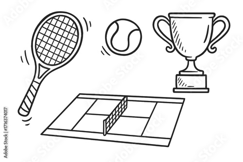 Hand drawn tennis sport doodle set with racket, ball, trophy cup, and court. Vector cartoon sketch illustration. Sports equipment icons for championship or competition.
