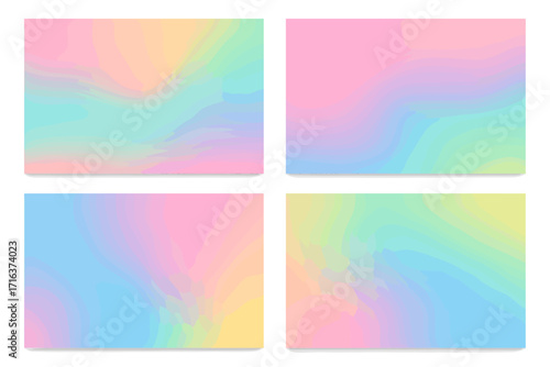 Set of abstract pastel grainy gradient backgrounds. Soft rainbow holographic unicorn color mesh. Modern blurred noise texture backdrop. Iridescent pink, blue, yellow.
