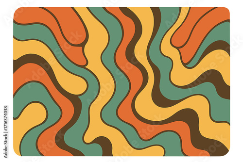 Groovy psychedelic 70s background. Retro liquid swirl abstract pattern. Vintage hippie wavy wallpaper design. Funky seventies color flow concept for posters. Vector.