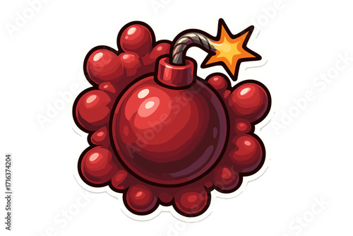 Cherry bomb vector illustration. Cartoon comic style explosive with a lit fuse. Pop art sticker design for t-shirt print, posters, and social media content. Danger icon.