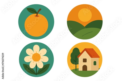 Set of decorative circular badges for branding. Flat vector style illustrations with simple shapes. Icons include orange fruit, flower, house, tree, and sunny landscape.