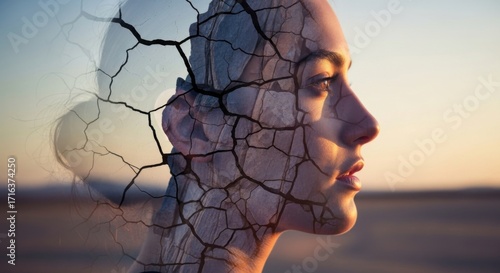 Conceptual Woman Profile with Cracked Earth Overlay in Sunset Light