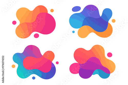 Set of colorful abstract liquid vector shapes. Dynamic fluid gradient amoeba blobs. Modern flat graphic elements for banner, poster, and creative design. Organic lava lamp style.