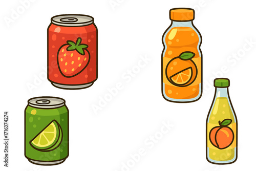 Cartoon fruit juice and soda pop can and bottle set. Vector illustration of colorful beverage collection. Strawberry, lime, orange, peach drink icons. Isolated flat design.