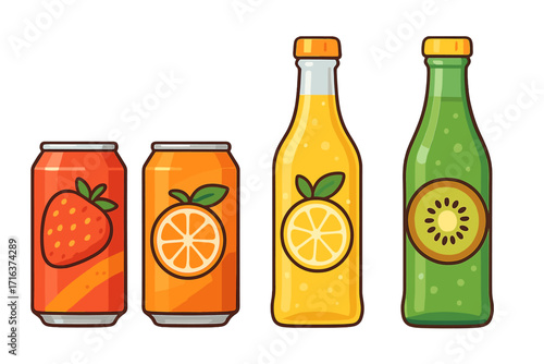 Vector set of colorful fruit juice or soda. Cartoon illustration of beverage cans and bottles with strawberry, orange, lemon, and kiwi flavors. Isolated drink collection.