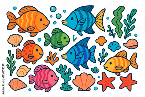 Cute fish sea life collection. Cartoon ocean animals set. Underwater marine illustration. Vector seashell, starfish, seaweed elements for kids design. Aquatic creature icons.