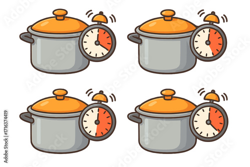 Cooking time concept with pot and ringing alarm clock. Meal preparation guide with various time intervals. Kitchen timer icon set for recipe. Vector cartoon illustration.