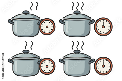 Cooking time instructions vector set. Steaming pots and kitchen timers for meal preparation guide. Recipe infographic elements. Boiling food concept cartoon illustration.