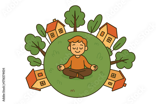 Man meditates in lotus pose on a tiny green planet with cozy houses. Concept of mindfulness, harmony, inner peace, sweet home. Vector cartoon flat illustration.