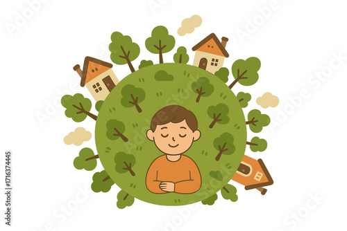 Mental health and inner peace concept. Calm person on a small green planet with cozy houses. Harmony with nature, happiness, mindfulness and wellbeing. Vector flat illustration.