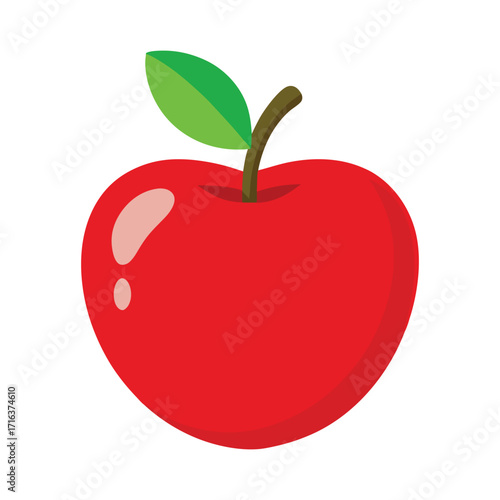 Glossy Red Apple Delight – Cartoon Fruit with Leaf on White