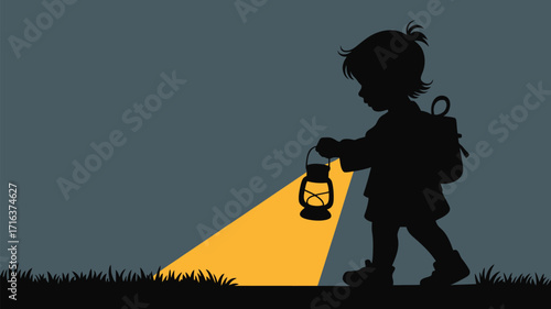 Child with backpack and lantern exploring in the dark, seeking adventure and discovery