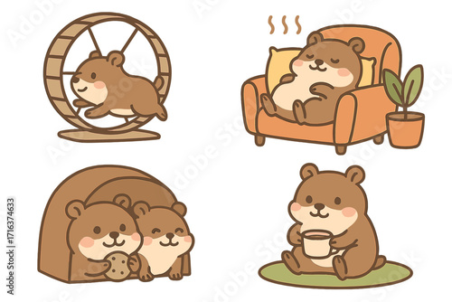 Cute hamster character set. Vector cartoon illustration of pet animal life at home. Kawaii rodent running on wheel, sleeping on sofa, eating a cookie, and drinking coffee.