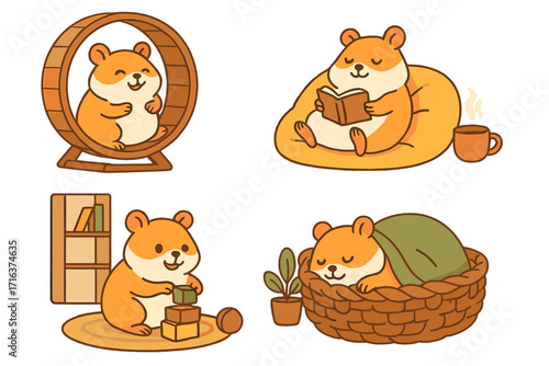 Cute hamster character set vector illustration. Funny cartoon rodent collection at home doing cozy activities: reading book, sleeping in basket, playing, running on wheel.