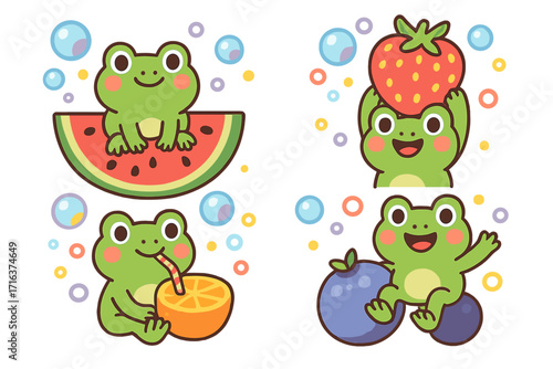 Cute frog character set with summer fruits. Cartoon kawaii green frogs with watermelon, strawberry, blueberry, orange juice. Vector illustration for kids. Playful animal sticker pack.