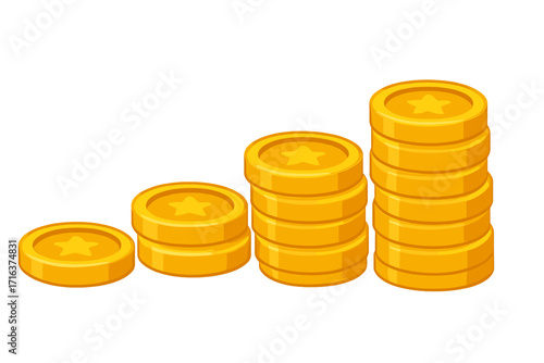 Gold coin stacks chart showing financial growth. Vector money graph of profit and savings. Business success concept. Golden cash pile for investment, income, and wealth.