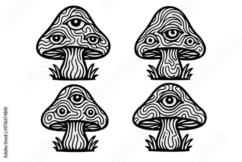Psychedelic magic mushroom with eyes vector icon set. Trippy psilocybin fungi with mystical all-seeing eye. Abstract groovy retro contour illustration for stickers.