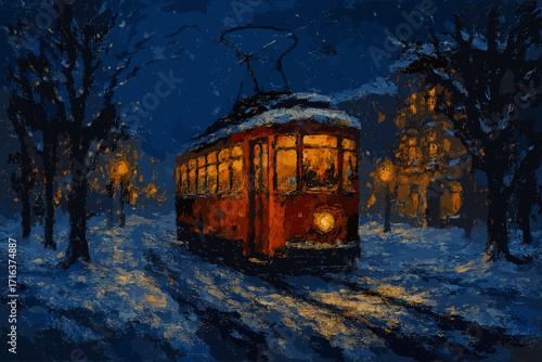 Oil painting of a red tram in a snowy winter city at night. Vintage trolley on a street with glowing lights. Nostalgic, cozy public transport illustration. Christmas holiday.