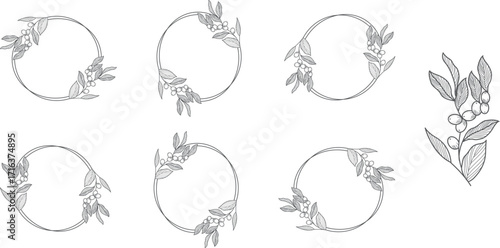 Set of black laurels frames branches. Vintage laurel wreaths collection. Hand drawn vector laurel leaves decorative elements. Leaves, swirls, ornate, award, icon.