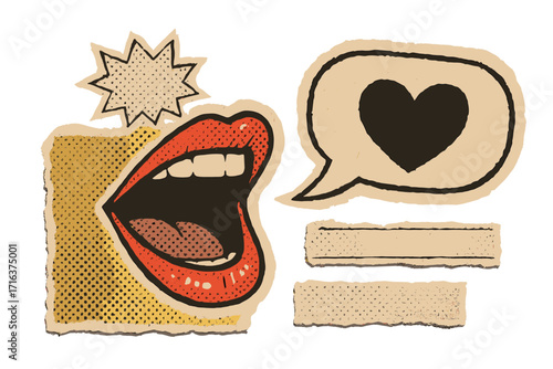 Retro paper cutout collage elements with shouting mouth and love heart speech bubble. Y2K zine culture vector set with torn newspaper parts and vintage halftone texture.
