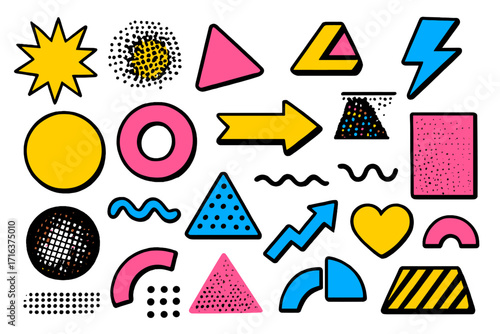 Big set of bright pop art graphic elements for design. Vector cartoon illustration of geometric shapes, abstract signs and symbols in retro 80s 90s Memphis style.