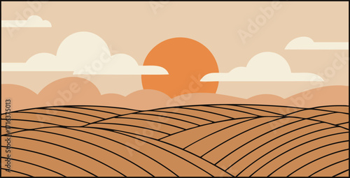 Minimalist landscape art featuring a sunset over rolling hills and clouds