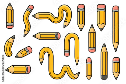 Creative stationery set of various pencils. Concept for flexibility, unique ideas, stress, or different thinking. Bent, curved, and straight cartoon pencils for art or education.