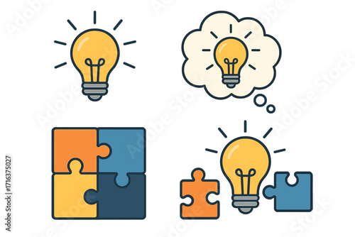 Creative problem solving and brainstorming concepts. Vector icon set with lightbulb for new ideas and jigsaw puzzle pieces for finding solutions and business teamwork.