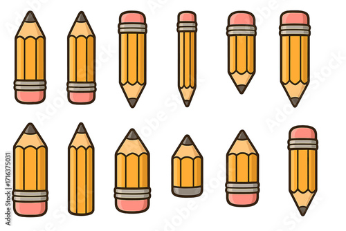 Pencil vector icon set on white background. Cute cartoon school supplies illustration. Graphite pencils with eraser for drawing. Education, office and stationery symbol.
