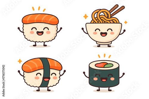 Set of cute kawaii Japanese food characters. Happy smiling sushi, nigiri, maki roll, and ramen noodle mascots. Asian cuisine vector cartoon illustration for kids menu.