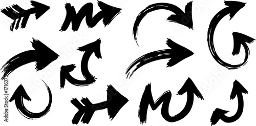 Hand drawn black arrows point in various directions on a white background design