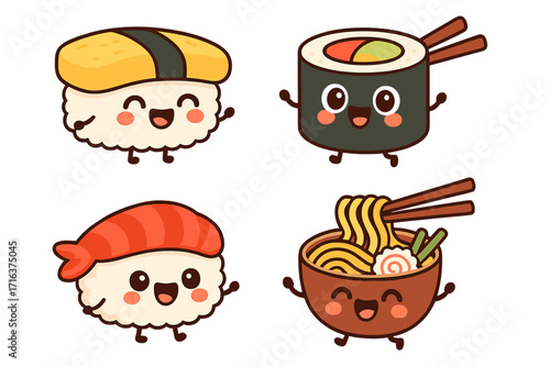 Cute kawaii Japanese food characters set. Sushi, maki, nigiri, ramen noodle bowl mascots. Cheerful cartoon vector illustration. Happy Asian cuisine meal elements icons.