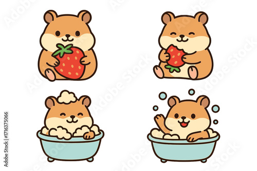 Cute hamster character set. Kawaii rodent mascot collection eating strawberry and taking a bath. Adorable pet animal in bathtub with bubbles. Cartoon vector flat illustration.