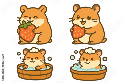 Cute hamster character set eating strawberry fruit and taking a bubble bath. Kawaii pet rodent cartoon collection. Funny animal mascot in flat vector style for kids. Isolated.