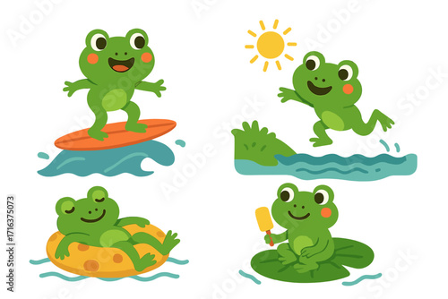 Cute frog character summer activities set. Cartoon vector collection. Happy amphibian surfing, swimming, floating on inflatable ring, eating ice cream. Fun water sport vacation.