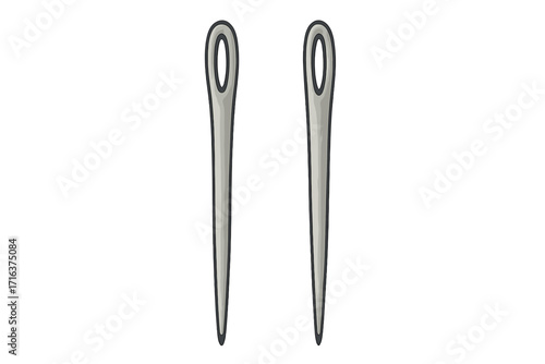 Two sewing needles vector illustration. Sharp metal needle for sewing, mending, embroidery. Tailor tool, dressmaking equipment. Craft, hobby, DIY concept. Isolated icon.