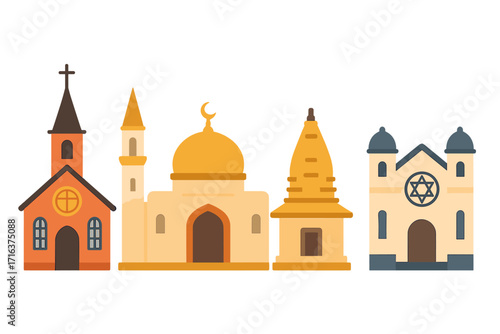 Religious buildings set with church, mosque, temple, synagogue. Flat vector cartoon illustration. Concept of world religions, faith, worship, cultural diversity, and architecture.