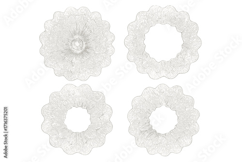 Set of round guilloche ornaments. Abstract vector circle rosette elements for security. Design for banknote, diploma, certificate, note, currency, money, voucher or ticket.