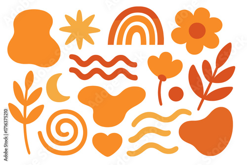 Set of abstract organic shapes, boho elements. Modern minimalist vector collection with flower, rainbow, sun, moon, leaf, heart. Contemporary art print design.