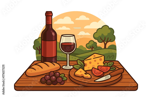 Romantic picnic in nature with red wine, cheese, and bread. Outdoor appetizer on a wooden board. Rustic countryside landscape. Gourmet food and drink vector concept illustration.