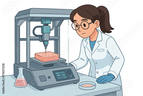 Female scientist with 3D bioprinter creating artificial tissue. Regenerative medicine concept. Biotechnology lab research for cultured skin and meat. Futuristic technology.